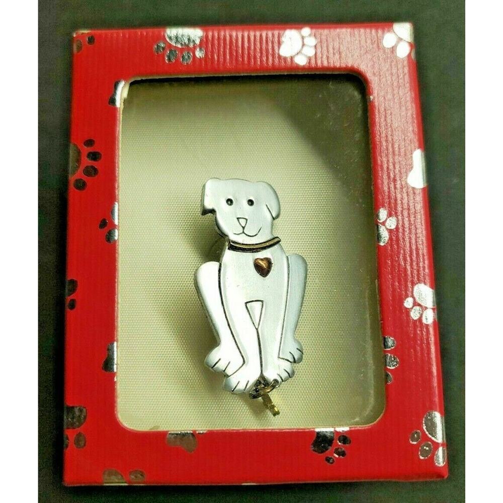 Vintage Silver Tone Dog with Heart and Bone Brooch Pin